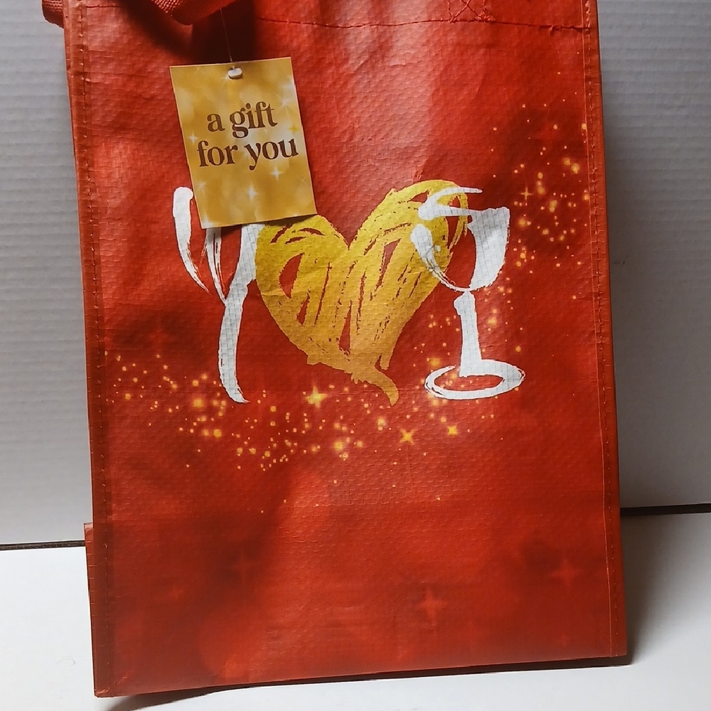 Red Gift Bag with Heart and Wine Glass Design NWT